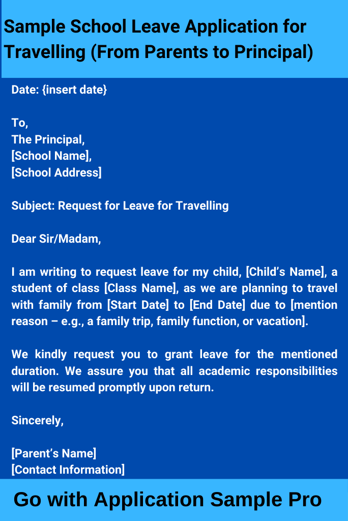 Sample School Leave Application for Travelling (From Parents to Principal)