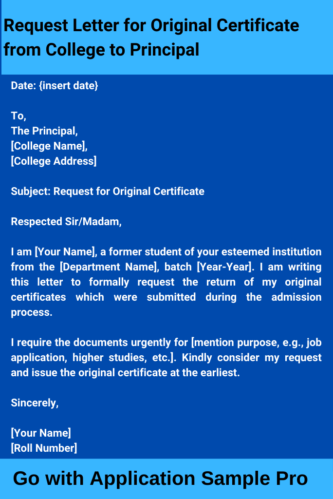 Request Letter for Original Certificate from College to Principal