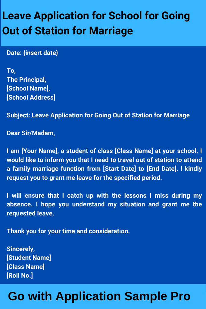 Leave Application for School for Going Out of Station for Marriage