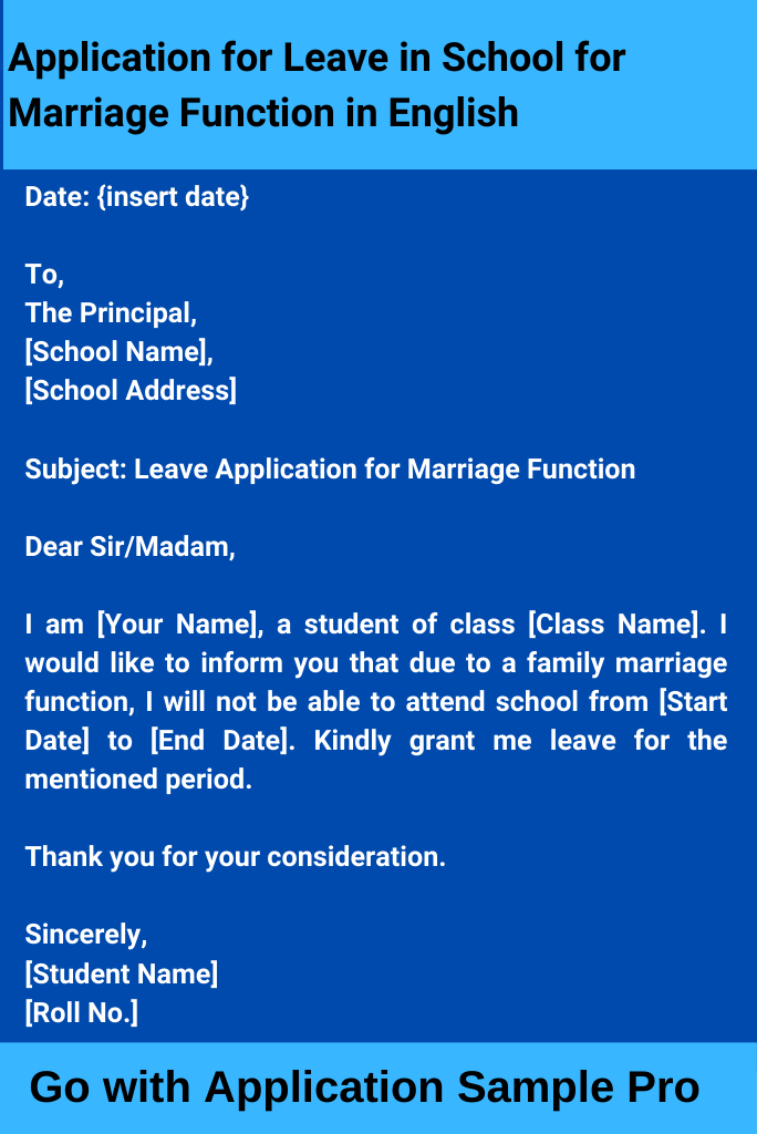 Application for Leave in School for Marriage Function in English