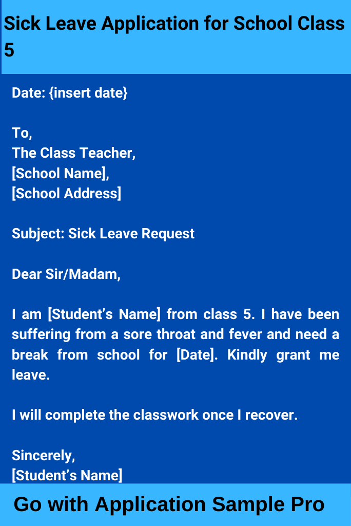 Sick Leave Application for School Class 5