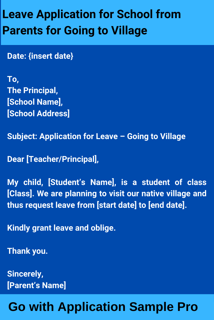Leave Application for School from Parents for Going to Village