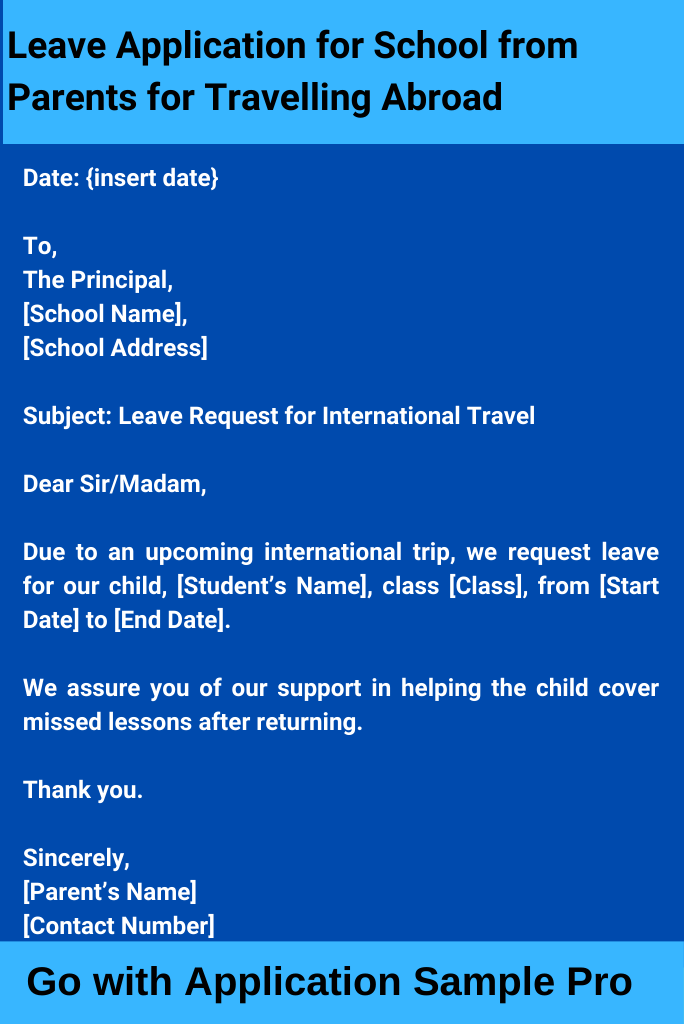 Leave Application for School from Parents for Travelling Abroad