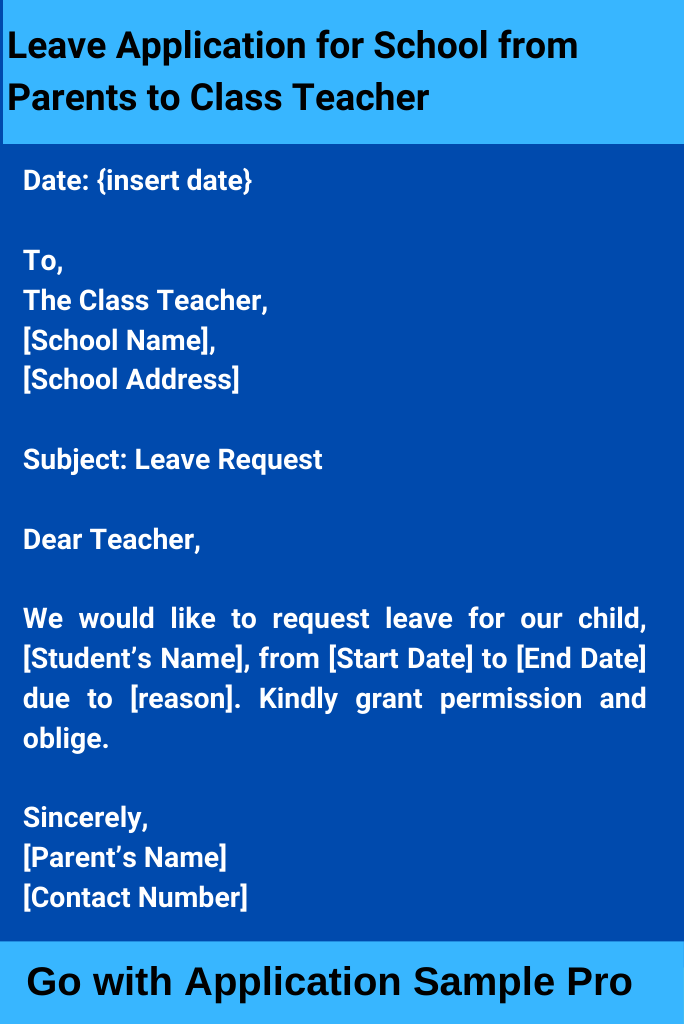 Leave Application for School from Parents to Class Teacher
