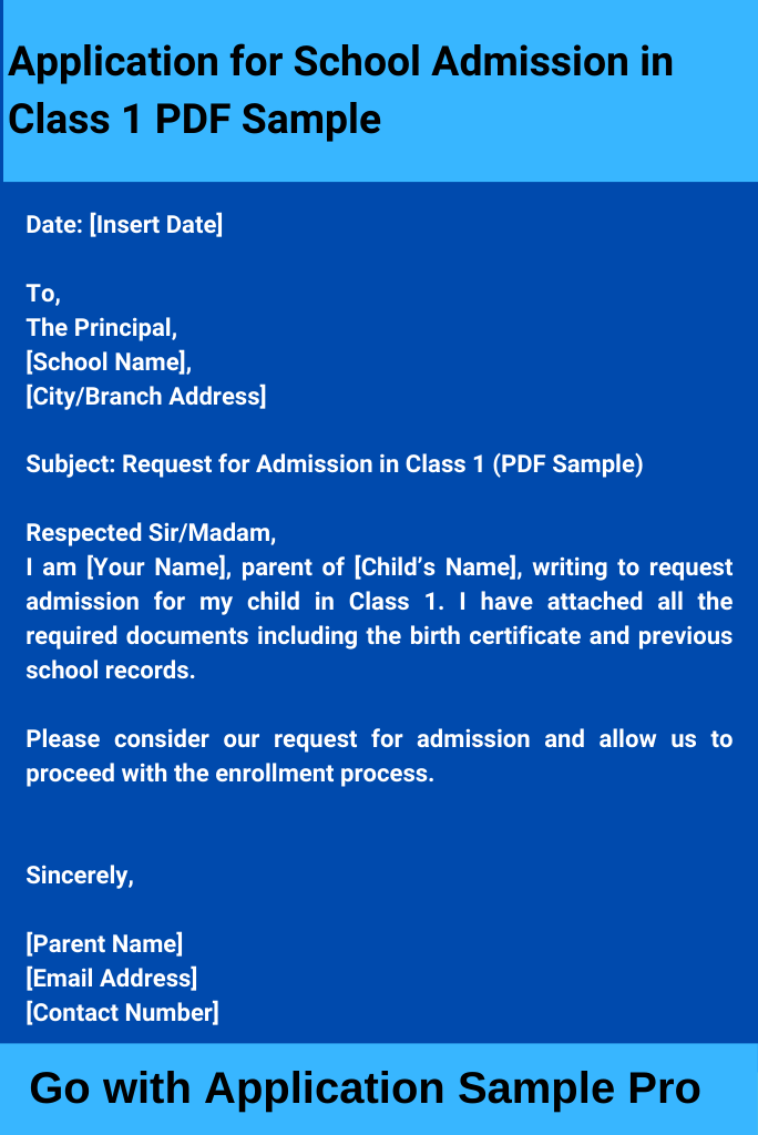 Application for School Admission in Class 1 PDF Sample