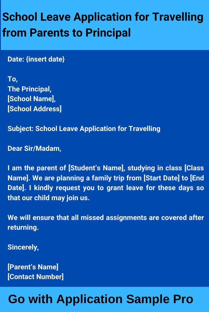 School Leave Application for Travelling from Parents to Principal