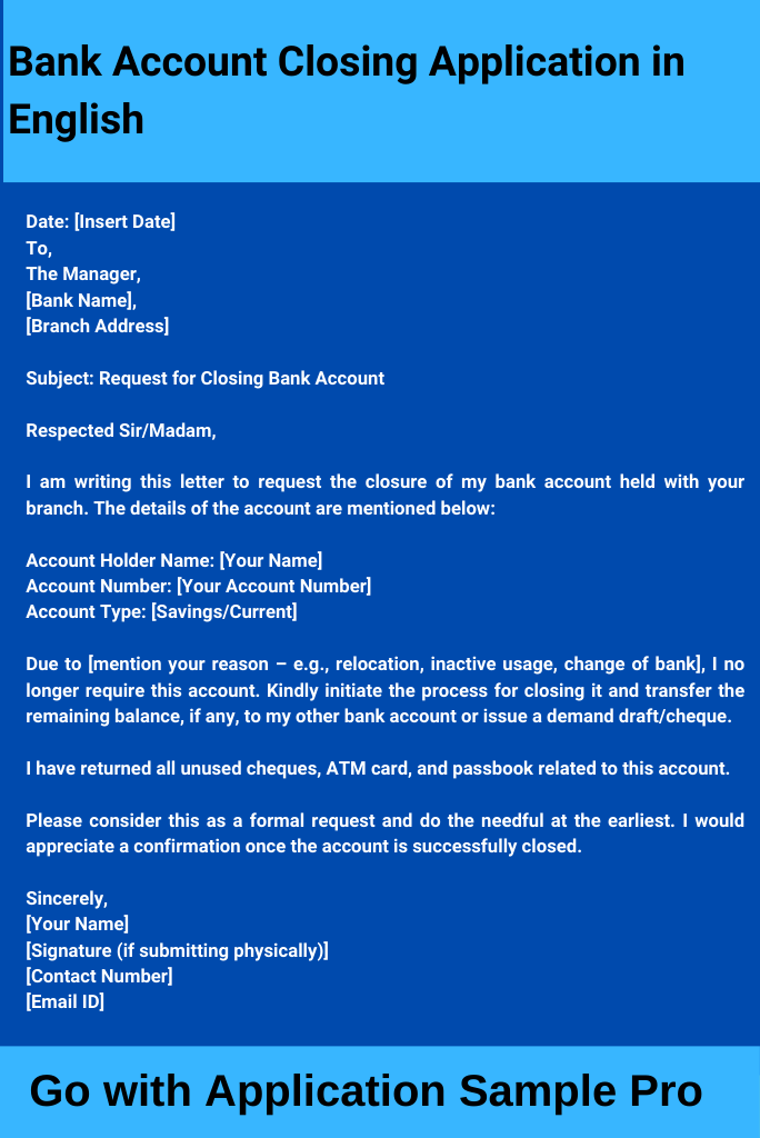 Bank Account Closing Application in English