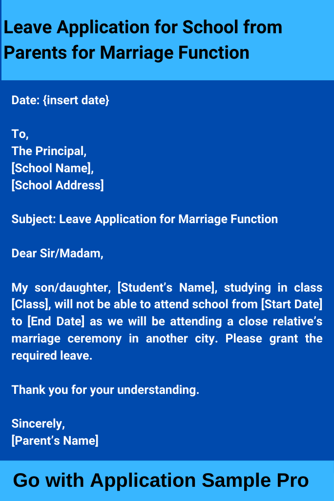 Leave Application for School from Parents for Marriage Function