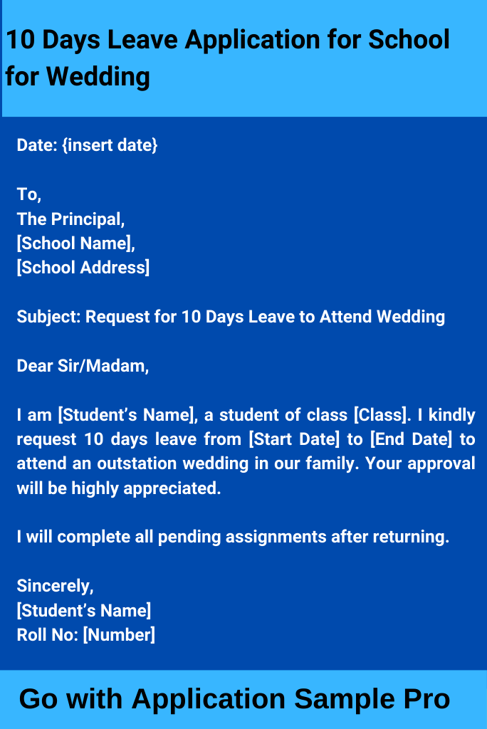 10 Days Leave Application for School for Wedding