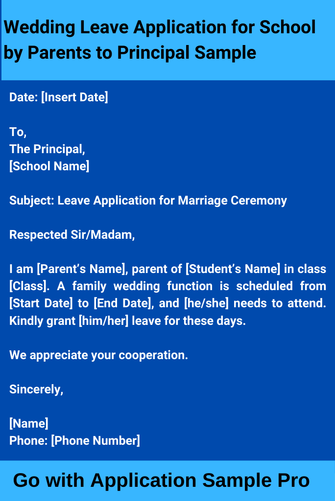 Wedding Leave Application for School by Parents to Principal Sample