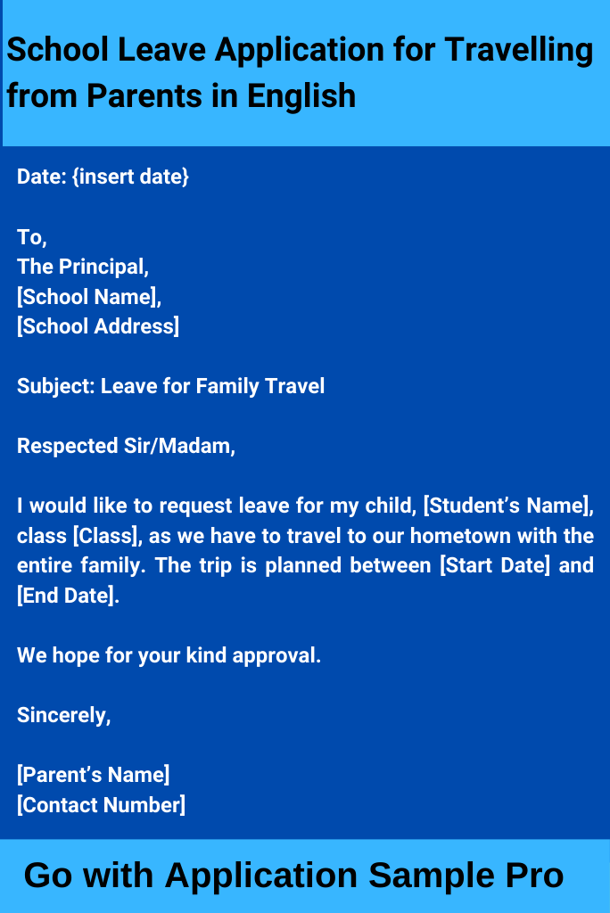 School Leave Application for Travelling from Parents in English