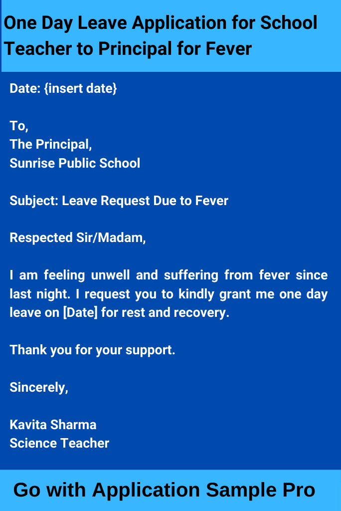 One Day Leave Application for School Teacher to Principal for Fever