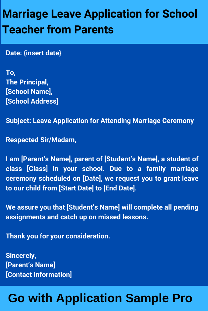 Marriage Leave Application for School Teacher from Parents