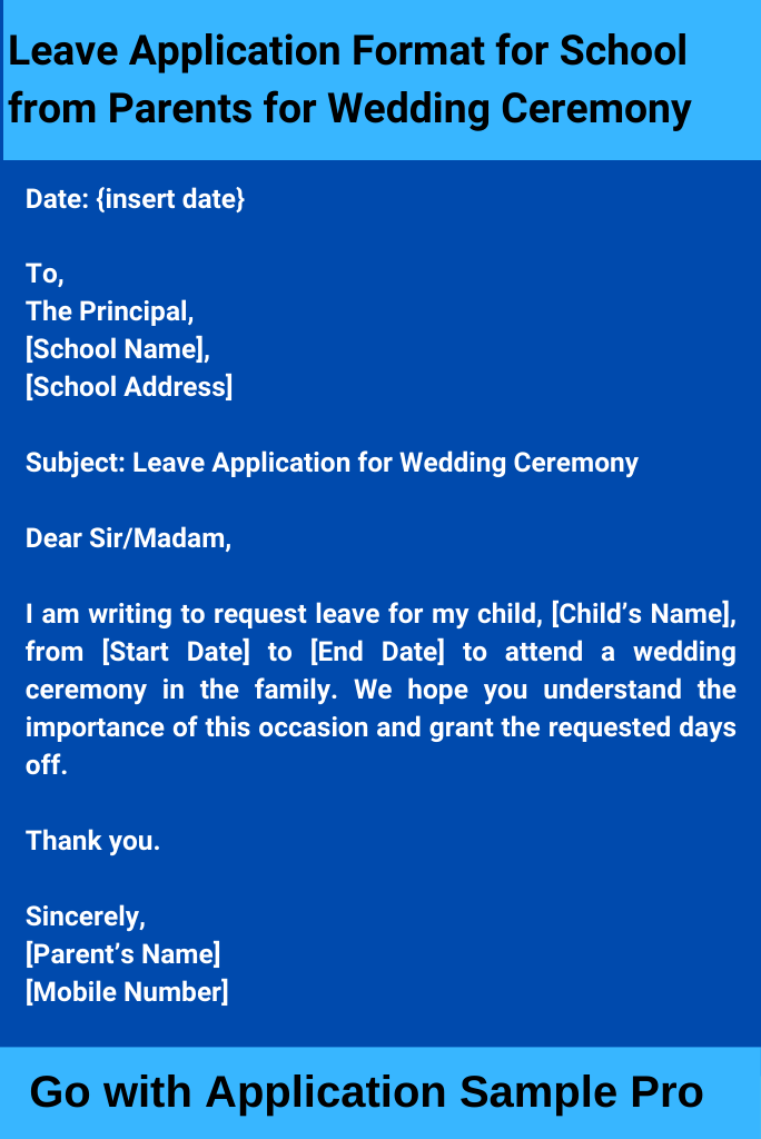 Leave Application Format for School from Parents for Wedding Ceremony