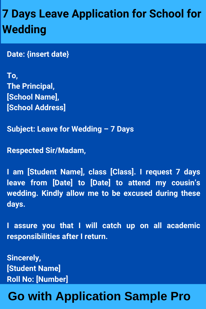 7 Days Leave Application for School for Wedding