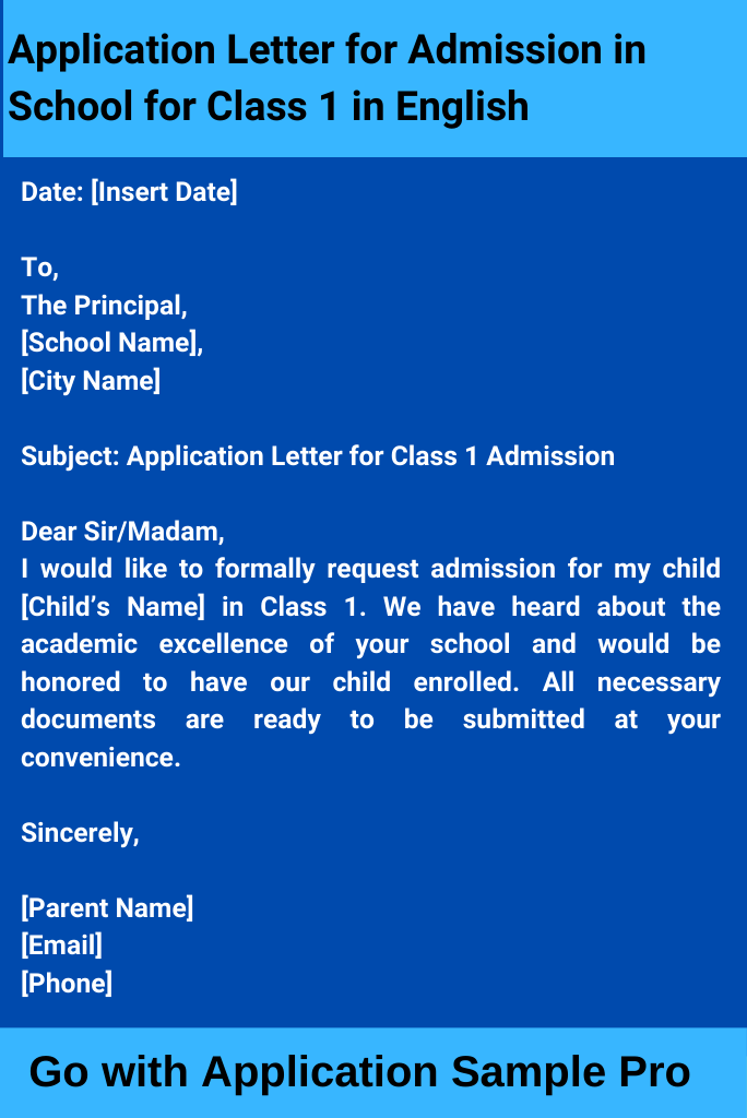 Application Letter for Admission in School for Class 1 in English