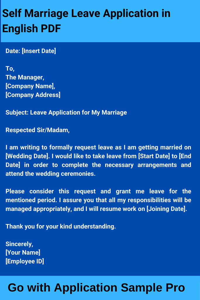 Self Marriage Leave Application in English PDF