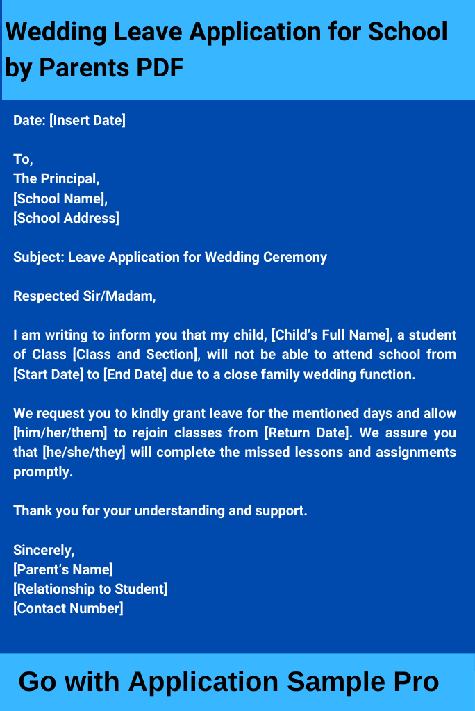 Wedding Leave Application for School by Parents PDF