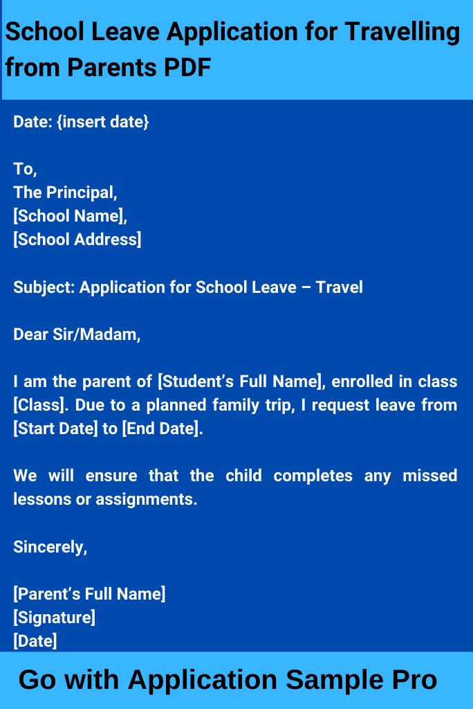 School Leave Application for Travelling from Parents PDF