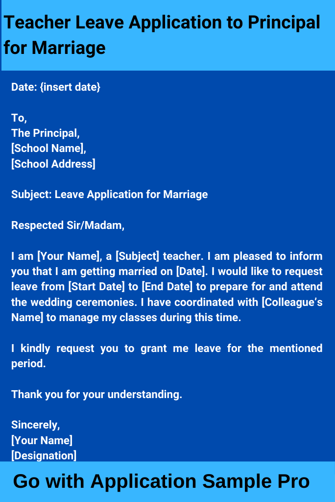 Teacher Leave Application to Principal for Marriage