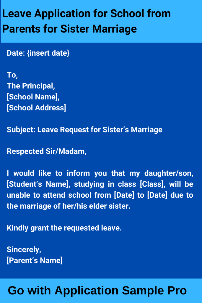 Leave Application for School from Parents for Sister Marriage