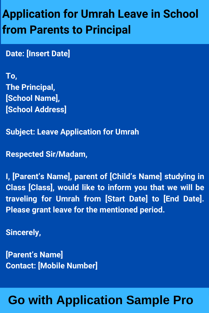 Application for Umrah Leave in School from Parents to Principal