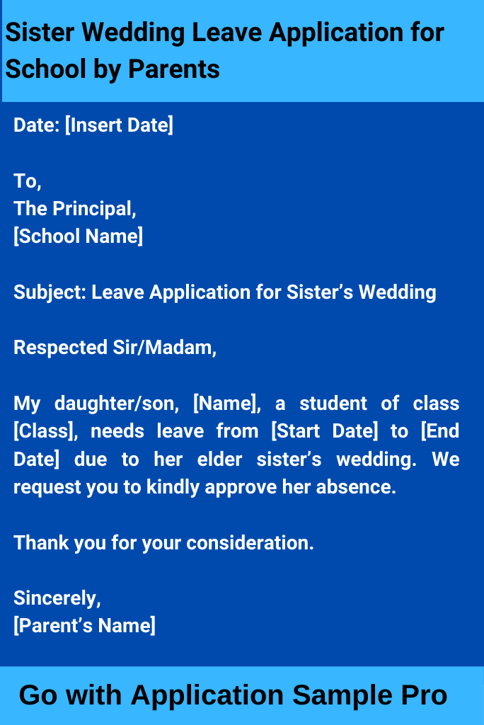 Sister Wedding Leave Application for School by Parents