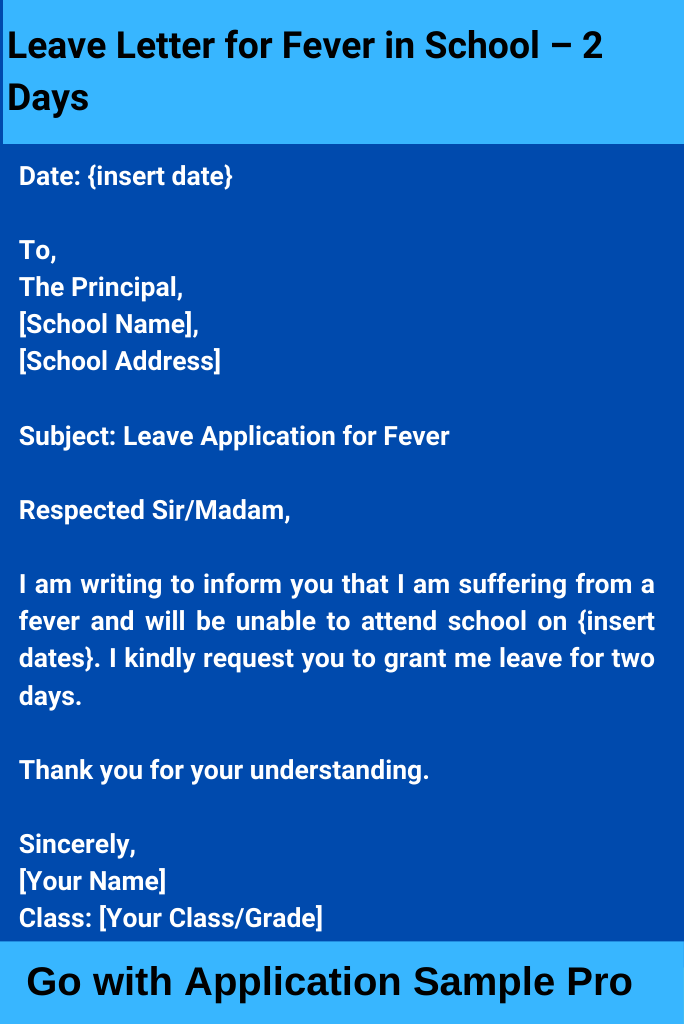 Leave Letter for Fever in School – 2 Days