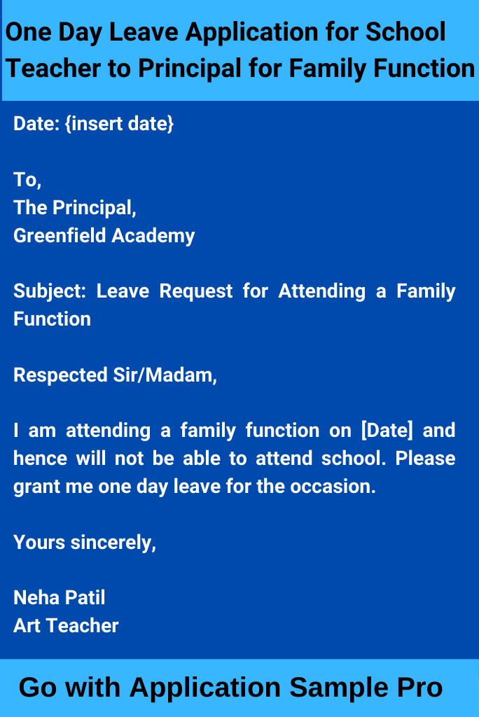 One Day Leave Application for School Teacher to Principal for Family Function