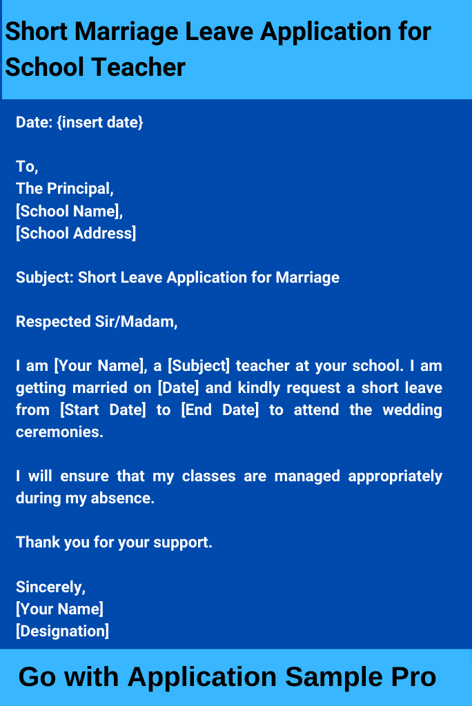 Short Marriage Leave Application for School Teacher