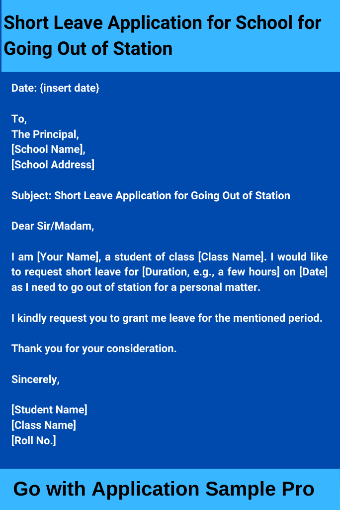 Short Leave Application for School for Going Out of Station