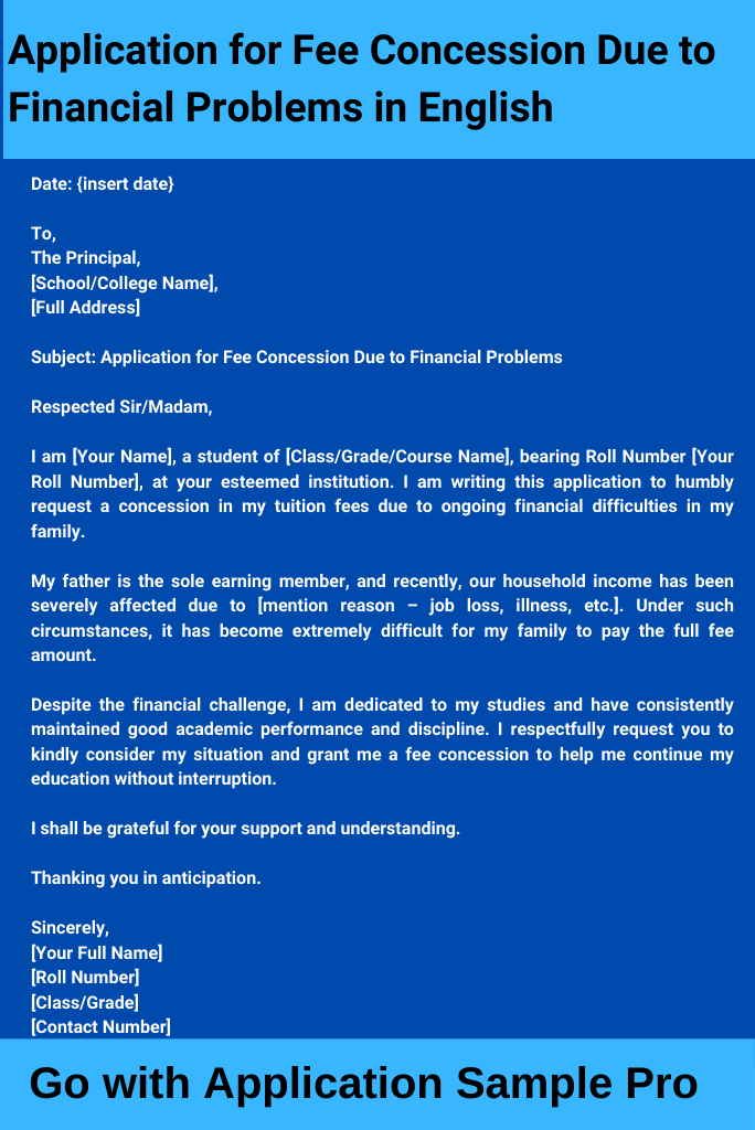 Application for Fee Concession Due to Financial Problems in English