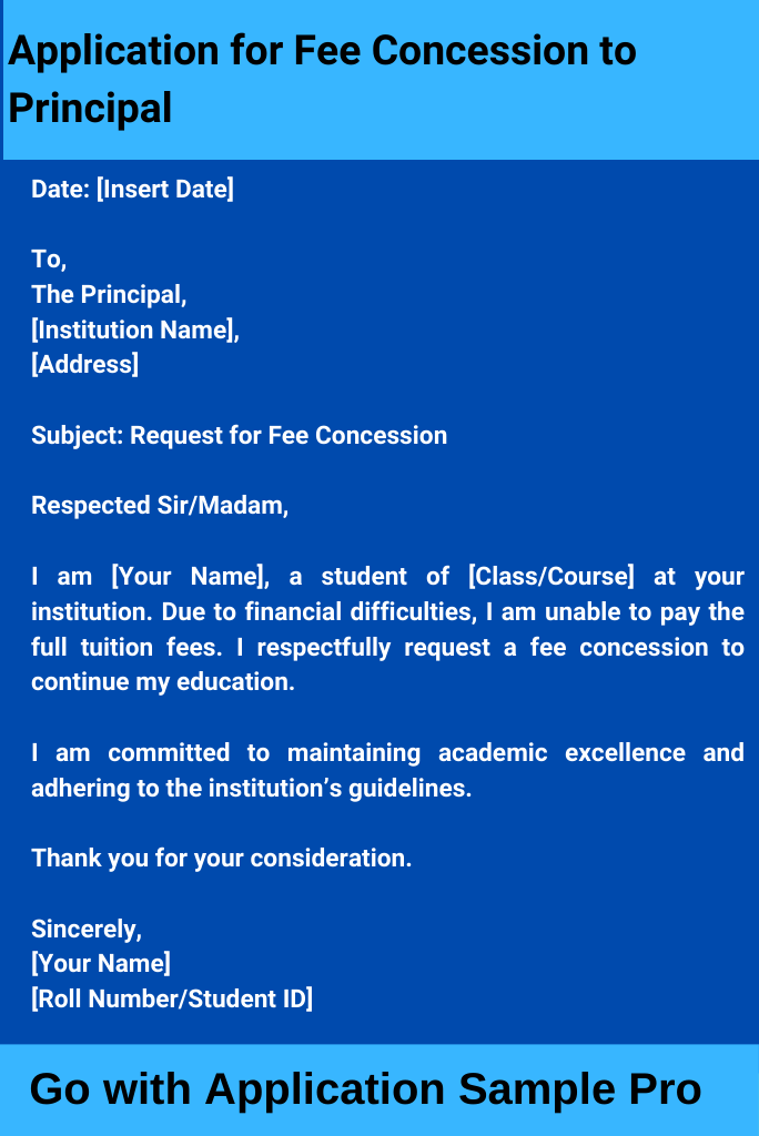Application for Fee Concession to Principal
