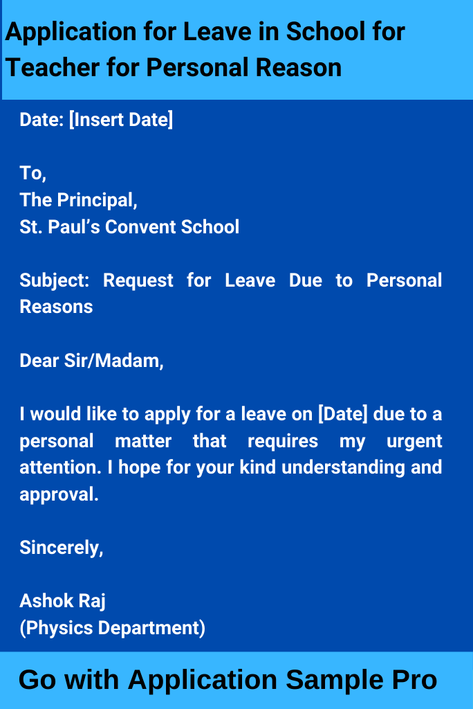 Application for Leave in School for Teacher for Personal Reason