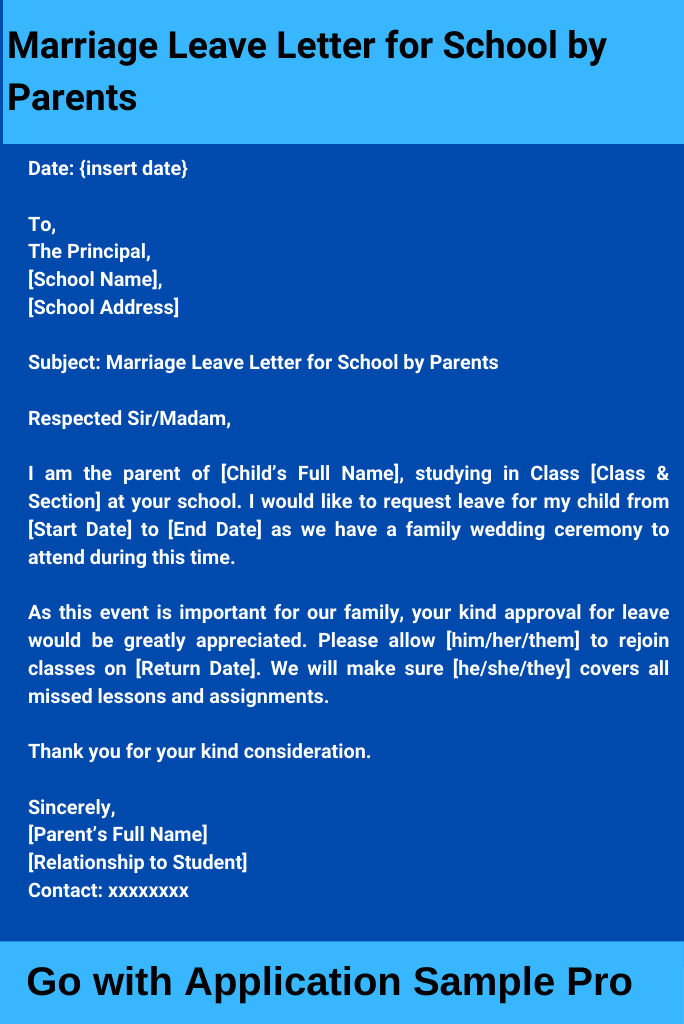 Marriage Leave Letter for School by Parents