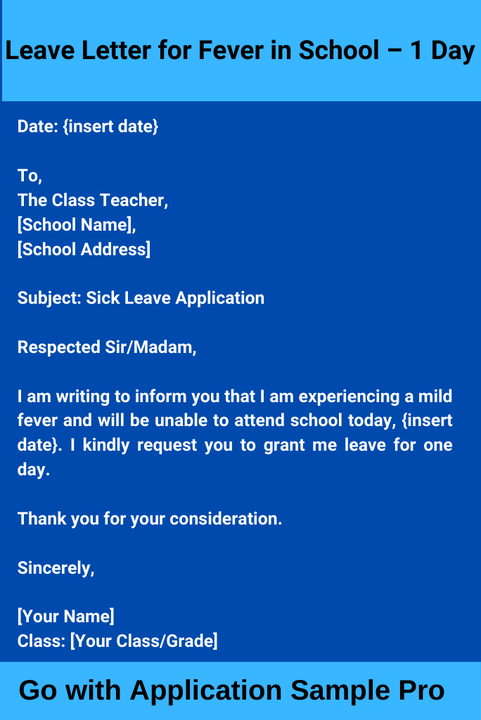 Leave Letter for Fever in School – 1 Day