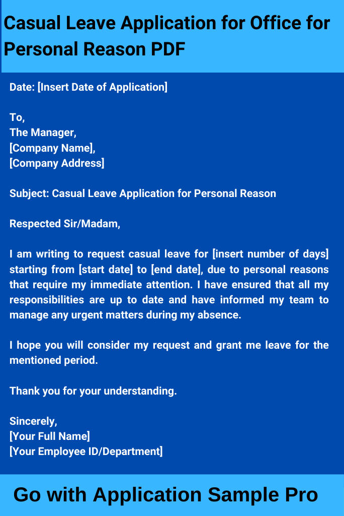 Casual Leave Application for Office for Personal Reason PDF