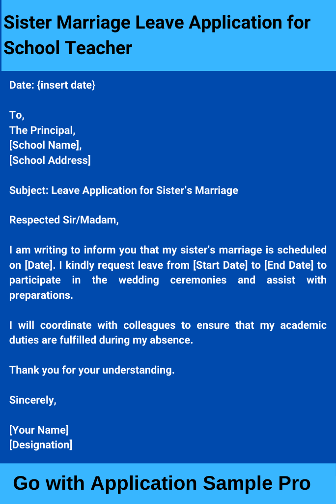 Sister Marriage Leave Application for School Teacher