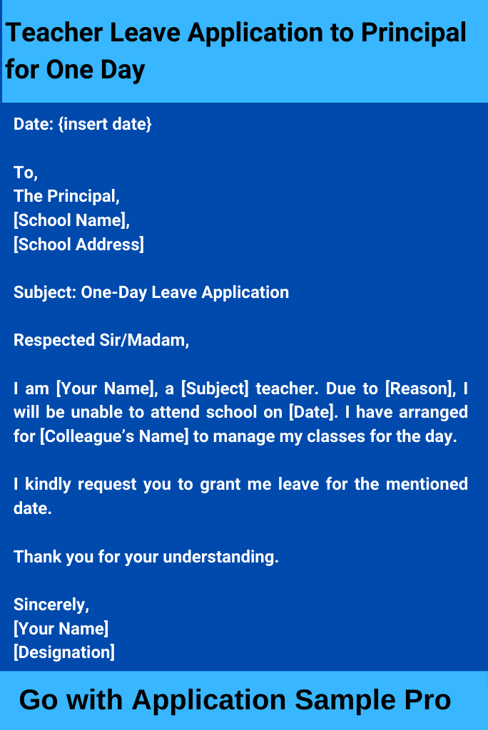 Teacher Leave Application to Principal for One Day