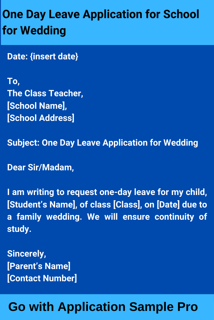 One Day Leave Application for School for Wedding