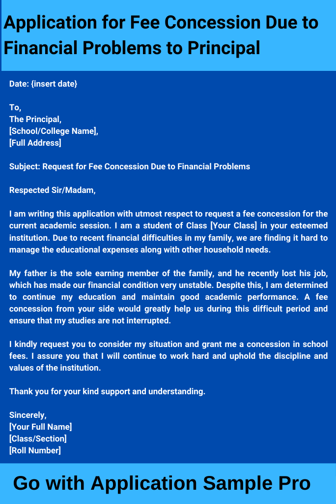 Application for Fee Concession Due to Financial Problems to Principal