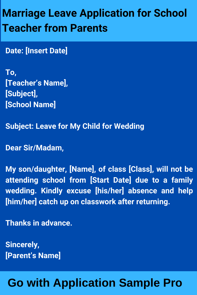 Marriage Leave Application for School Teacher from Parents