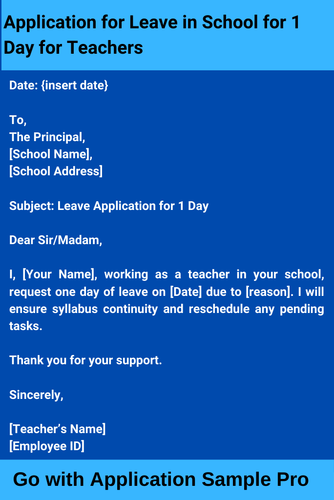 Application for Leave in School for 1 Day for Teachers