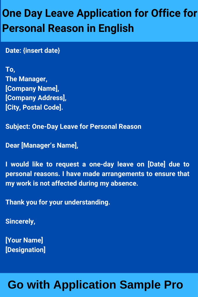 One Day Leave Application for Office for Personal Reason in English