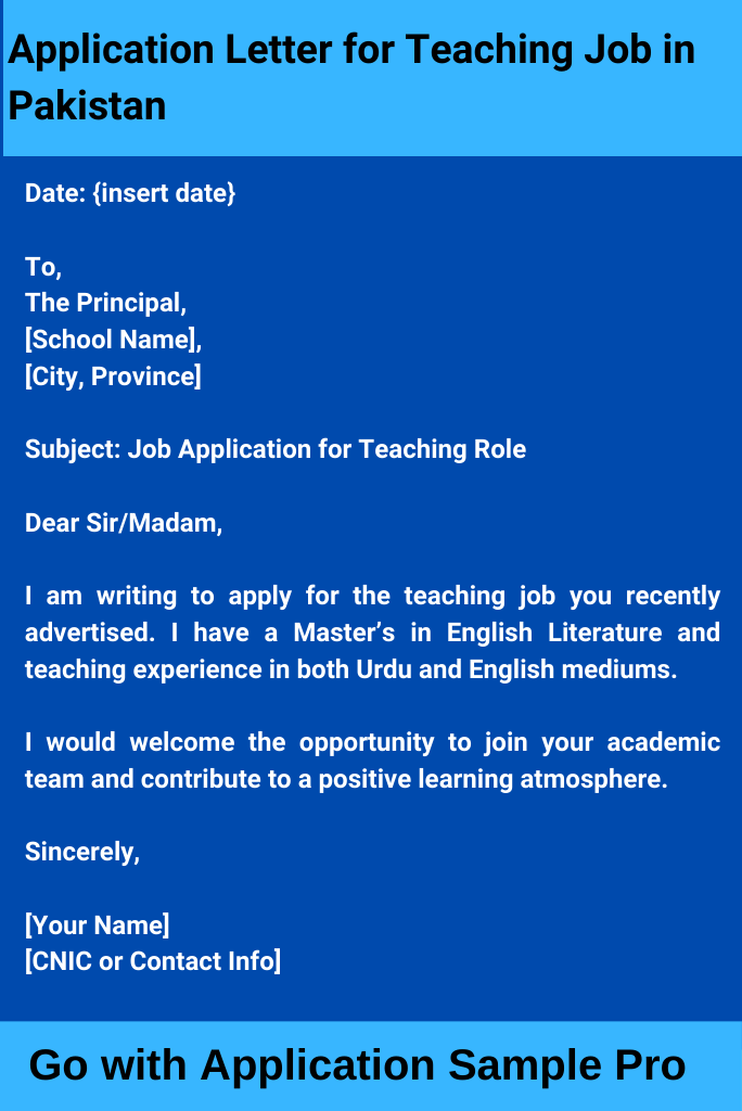Application Letter for Teaching Job in Pakistan
