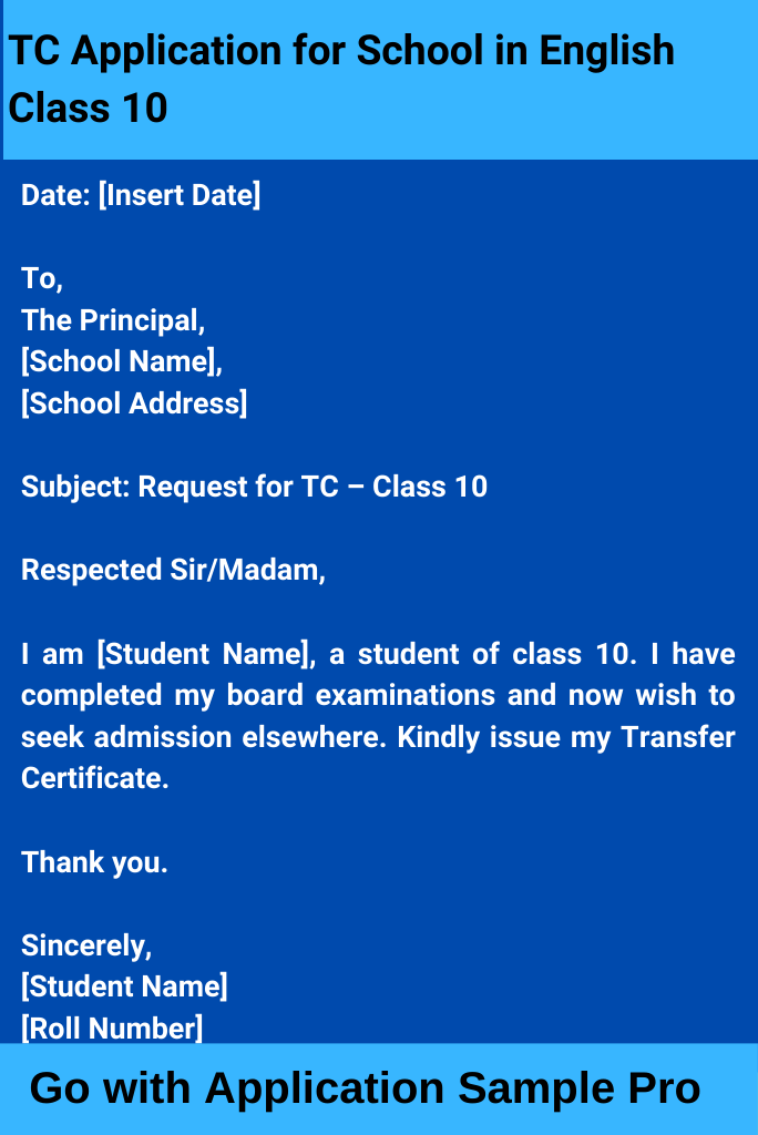 TC Application for School in English Class 10