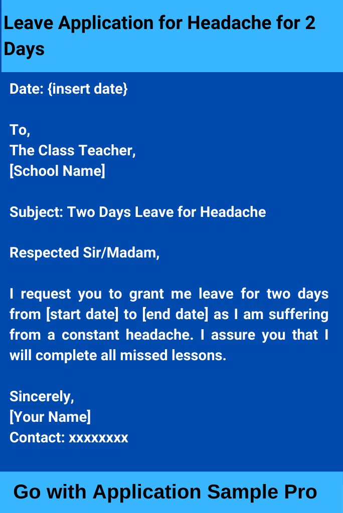 Leave Application for Headache for 2 Days