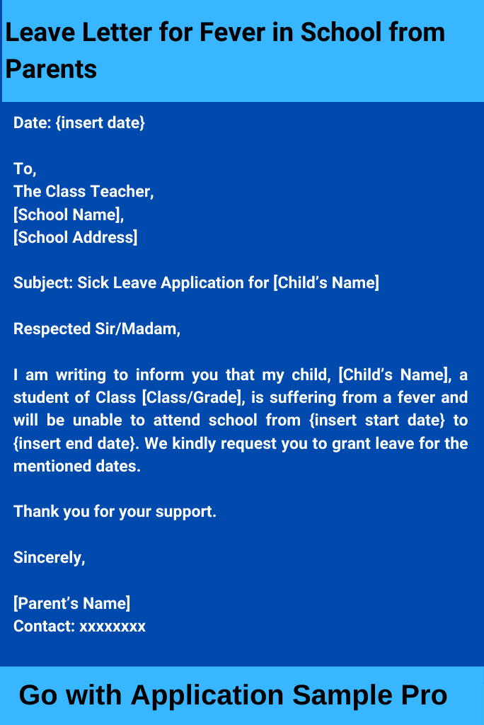 Leave Letter for Fever in School from Parents