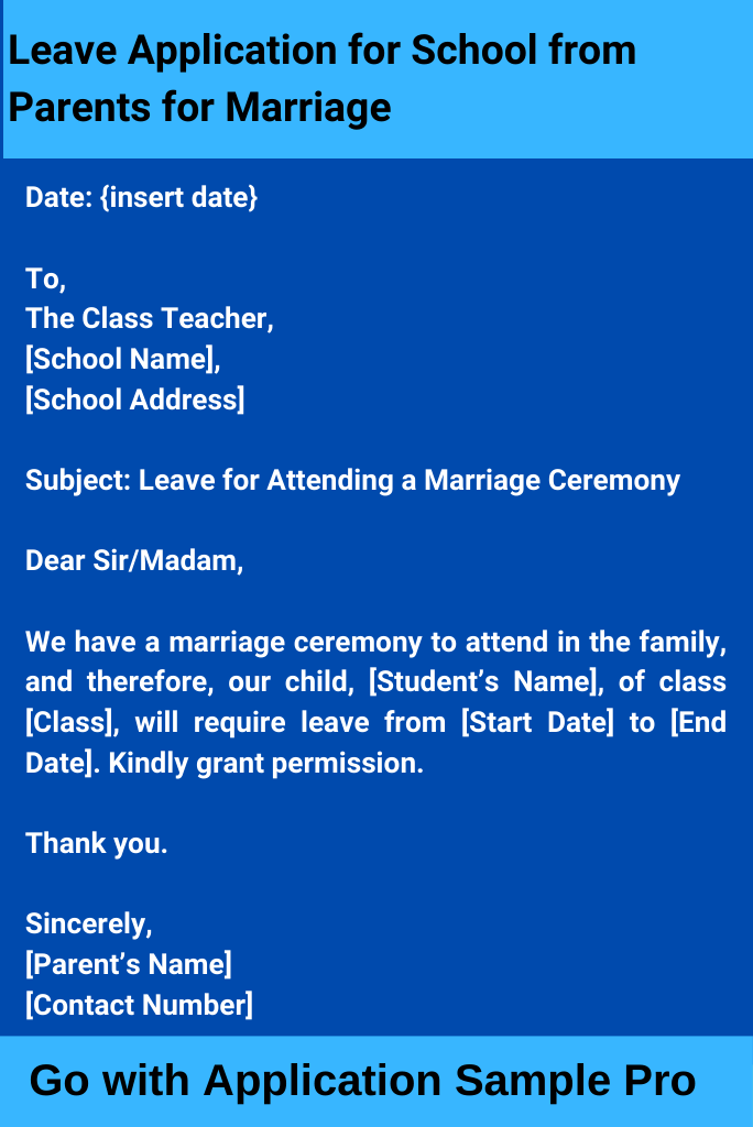 Leave Application for School from Parents for Marriage
