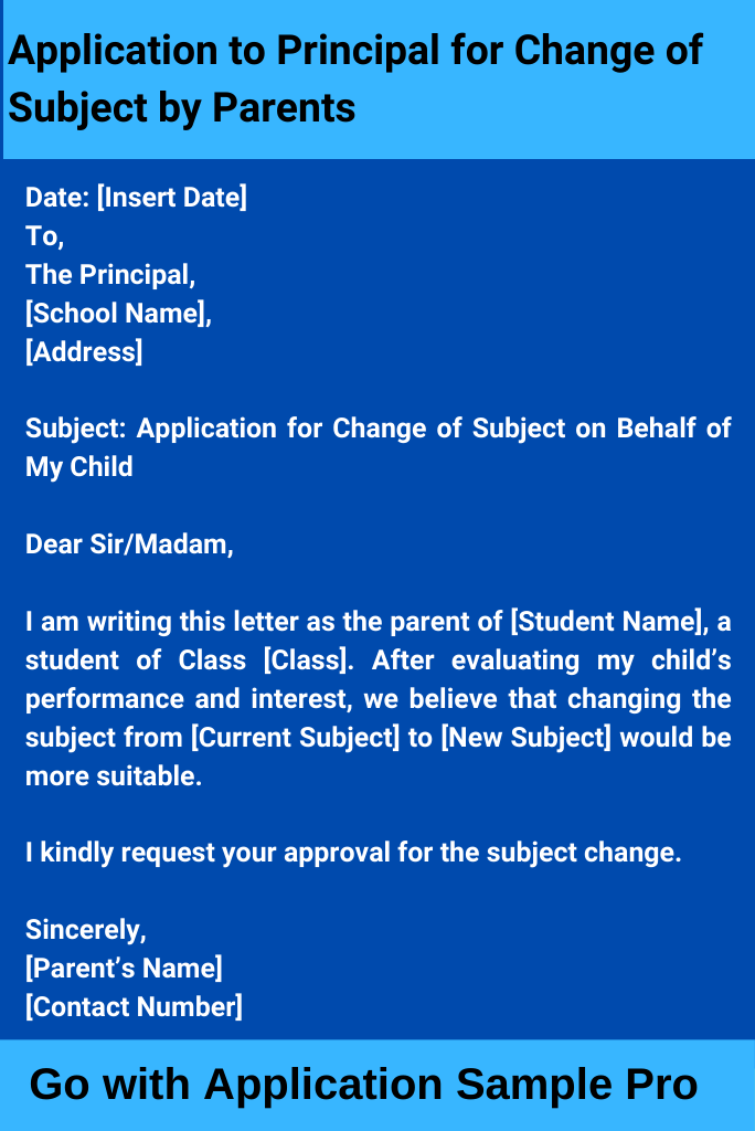 Application to Principal for Change of Subject by Parents